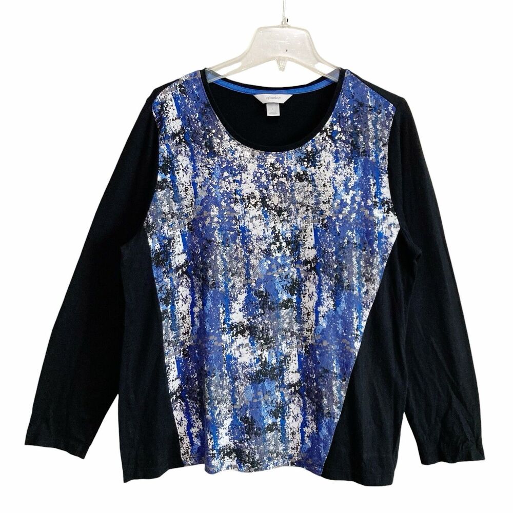 CJ Banks Top Womens Size X-Large Black Blue Silver Long Sleeve Stretchy Knit